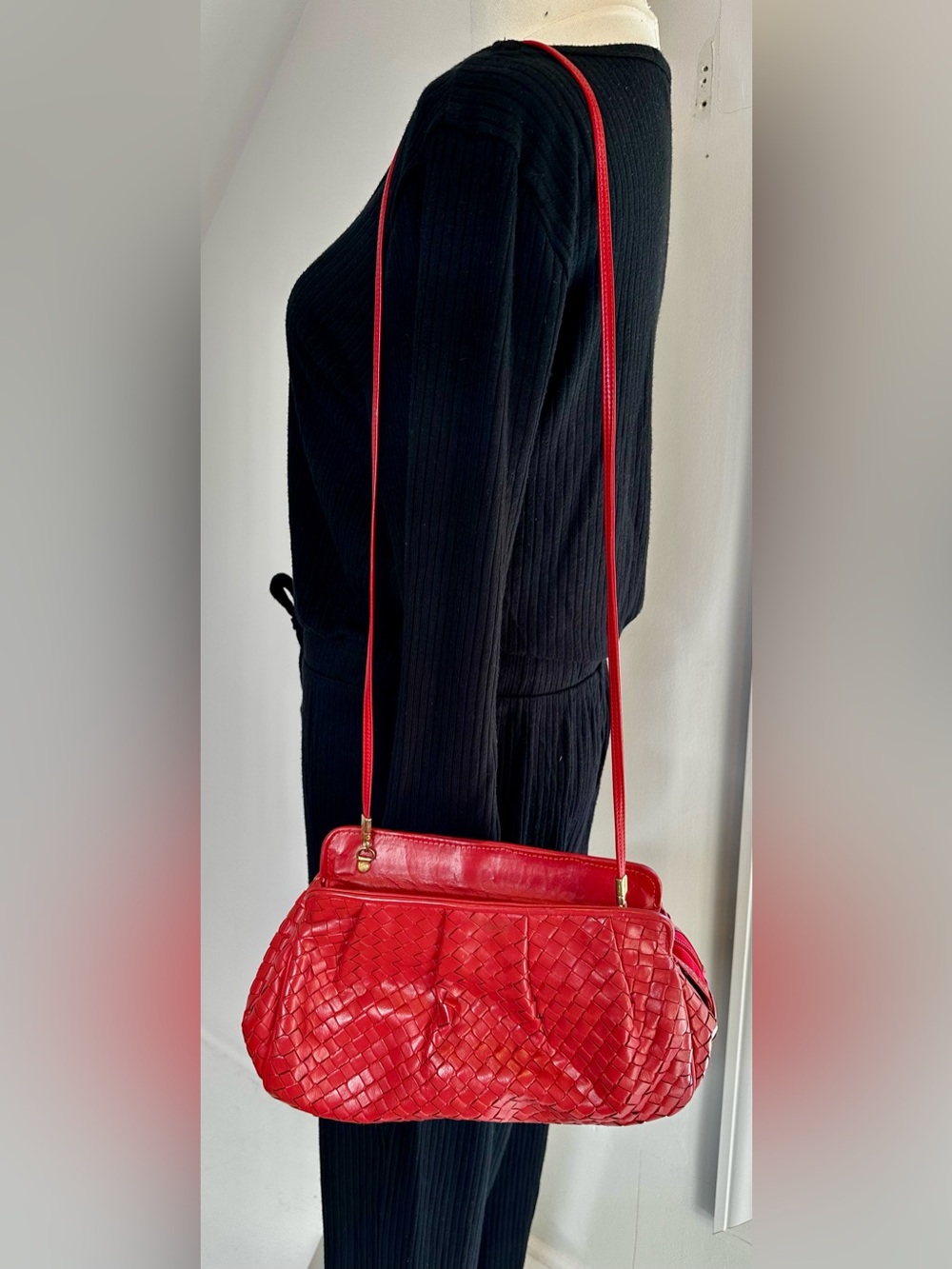 Vintage Meyers USA Red Woven Leather Crossbody Bag